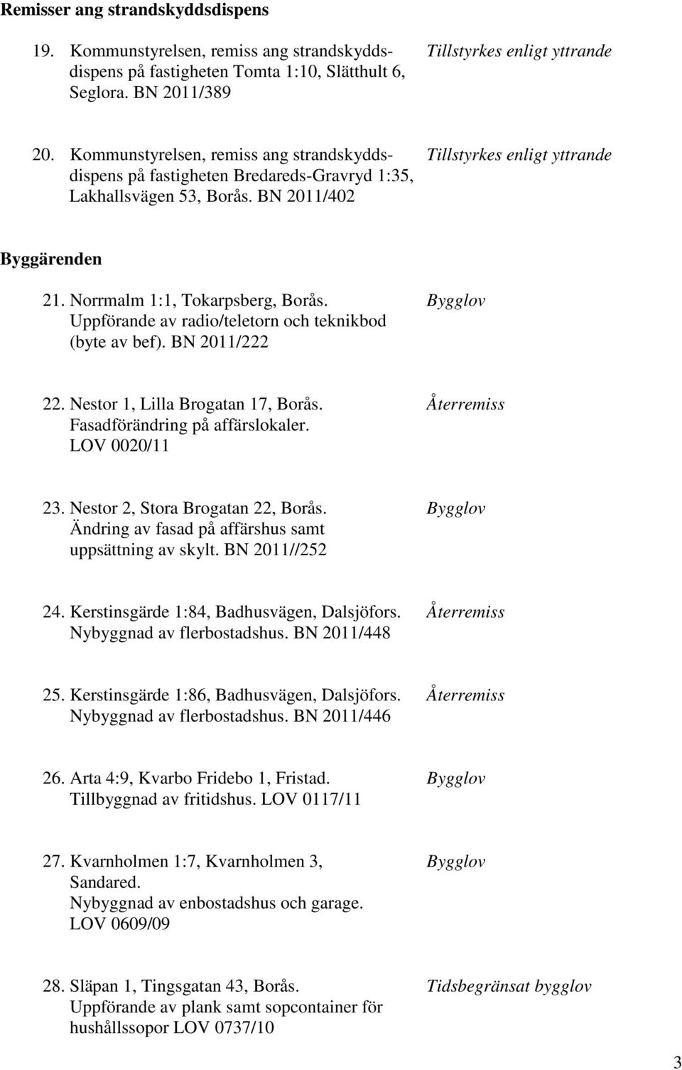 Norrmalm 1:1, Tokarpsberg, Borås. Bygglov Uppförande av radio/teletorn och teknikbod (byte av bef). BN 2011/222 22. Nestor 1, Lilla Brogatan 17, Borås. Återremiss Fasadförändring på affärslokaler.