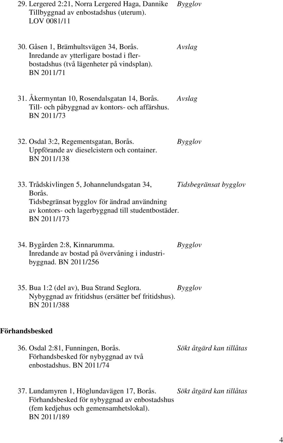 BN 2011/73 32. Osdal 3:2, Regementsgatan, Borås. Bygglov Uppförande av dieselcistern och container. BN 2011/138 33. Trådskivlingen 5, Johannelundsgatan 34, Tidsbegränsat bygglov Borås.