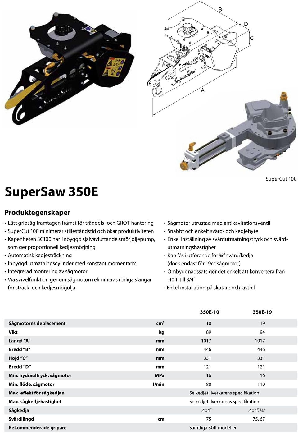 genom sågmotorn elimineras rörliga slangar för sträck- och kedjesmörjolja SuperCut 100 Sågmotor utrustad med antikavitationsventil Snabbt och enkelt svärd- och kedjebyte Enkel inställning av