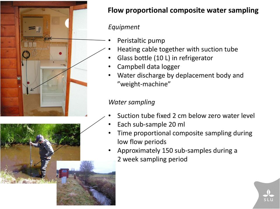 weight machine Water sampling Suction tube fixed 2 cm below zero water level Each sub sample 20 ml Time