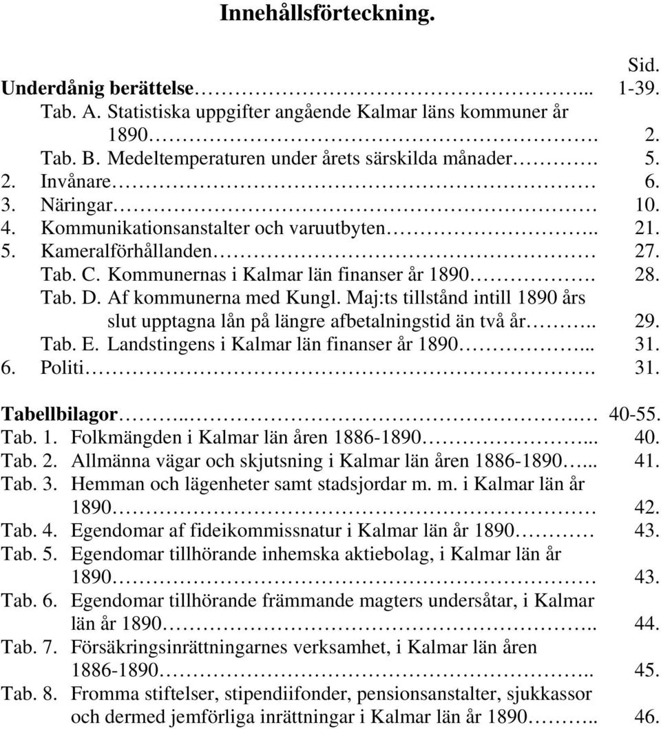Maj:ts tillstånd intill 1890 års slut upptagna lån på längre afbetalningstid än två år.. 29. Tab. E. Landstingens i Kalmar län finanser år 1890... 31. 6. Politi. 31. Tabellbilagor... 40-55. Tab. 1. Folkmängden i Kalmar län åren 1886-1890.