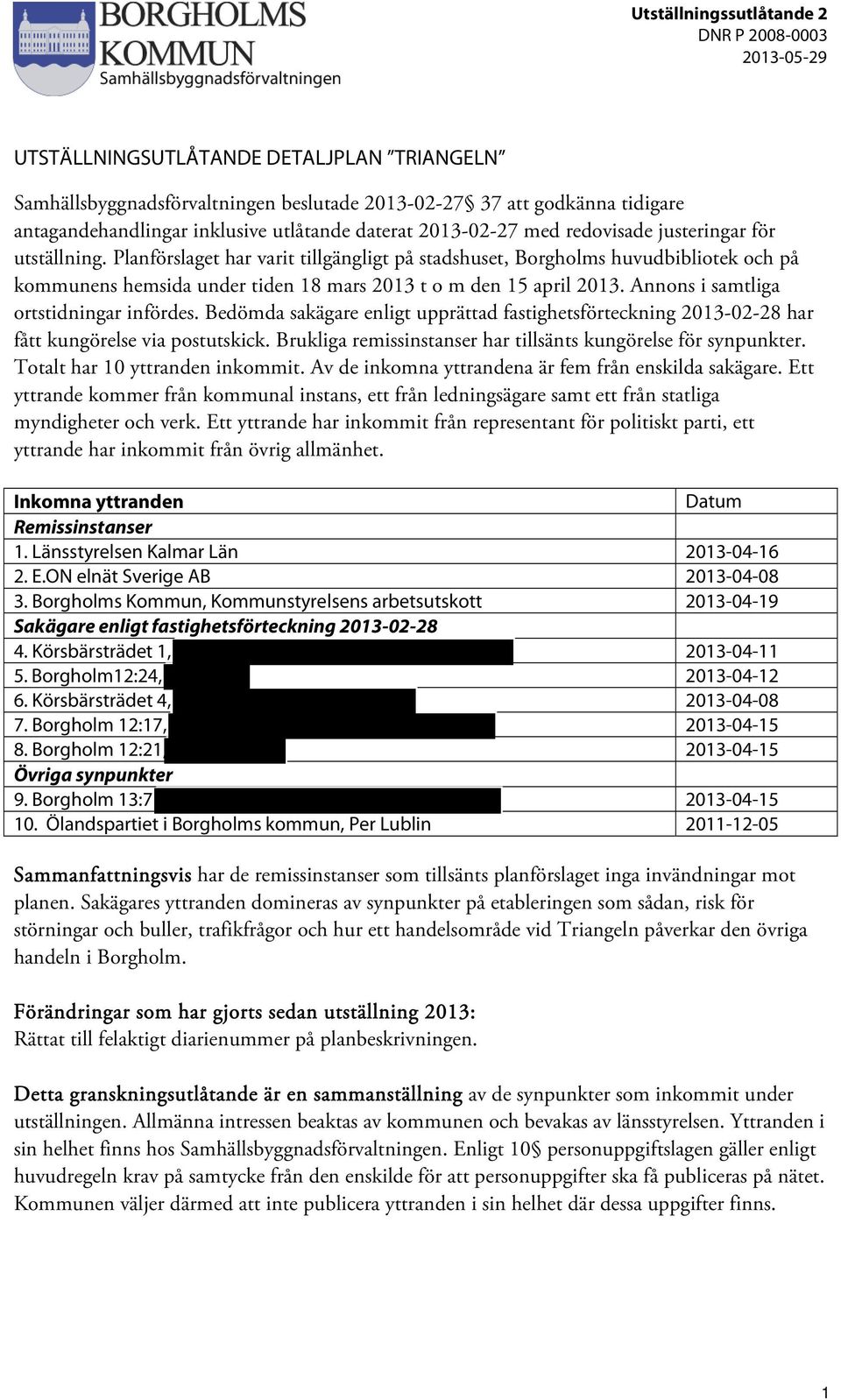 Annons i samtliga ortstidningar infördes. Bedömda sakägare enligt upprättad fastighetsförteckning 2013-02-28 har fått kungörelse via postutskick.