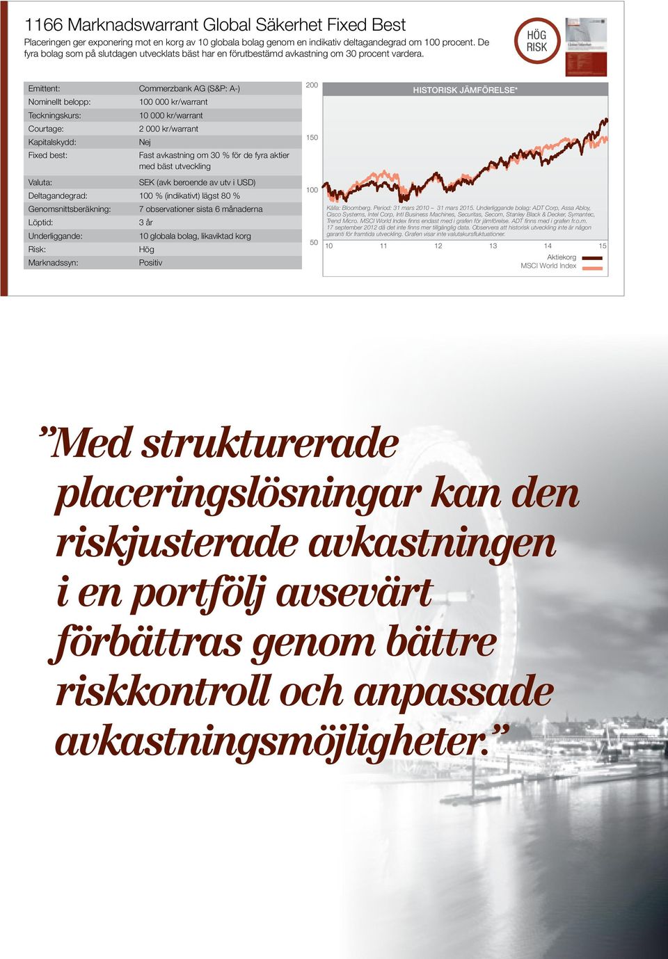 HÖG Emittent: Fixed best: Commerzbank AG (S&P: A-) kr/warrant 1 kr/warrant 2 kr/warrant Fast avkastning om 3 % för de fyra aktier med bäst utveckling (avk beroende av utv i USD) Deltagandegrad: %