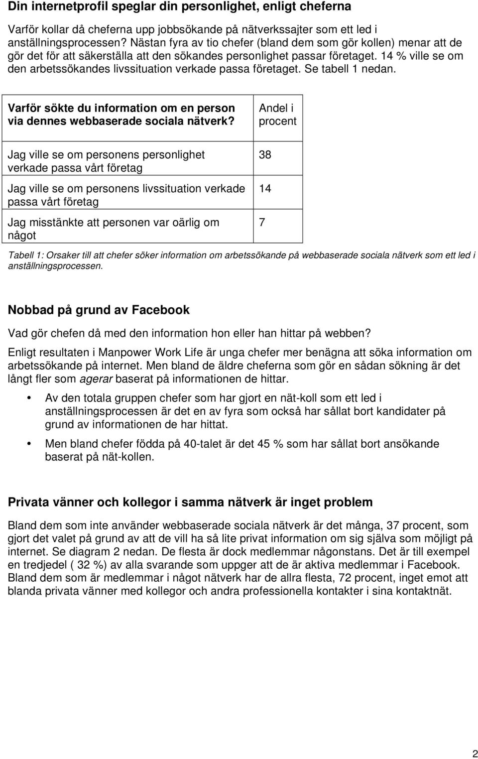 14 % ville se om den arbetssökandes livssituation verkade passa företaget. Se tabell 1 nedan. Varför sökte du information om en person via dennes webbaserade sociala nätverk?