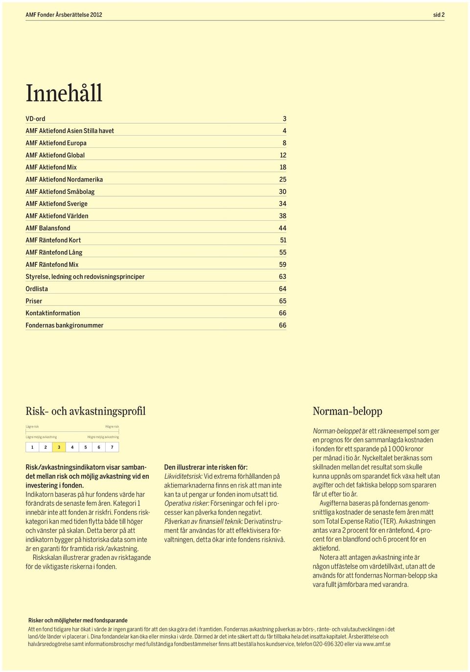 Ordlista 64 Priser 65 Kontaktinformation 66 Fondernas bankgironummer 66 Risk- och avkastningsprofil Norman-belopp Lägre risk Lägre möjlig avkastning Högre risk Högre möjlig avkastning 1 2 3 4 5 6 7