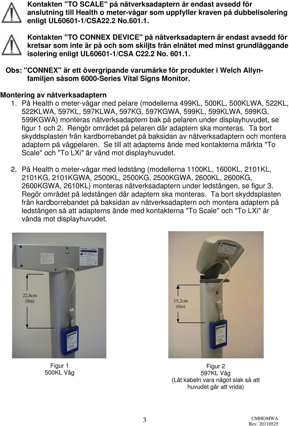 2 No. 601.1. Obs: "CONNEX" är ett övergripande varumärke för produkter i Welch Allynfamiljen såsom 6000-Series Vital Signs Monitor. Montering av nätverksadaptern 1.