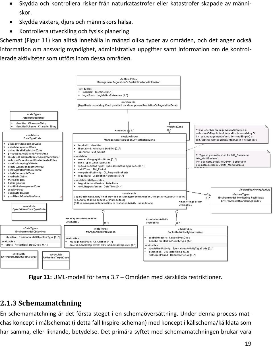 uppgifter samt information om de kontrollerade aktiviteter som utförs inom dessa områden. Figur 11: UML-modell för tema 3.7 Områden med särskilda restriktioner. 2.1.3 Schemamatchning En schemamatchning är det första steget i en schemaöversättning.