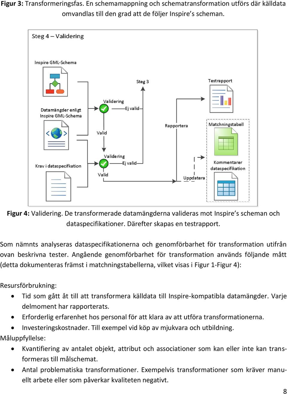 Som nämnts analyseras dataspecifikationerna och genomförbarhet för transformation utifrån ovan beskrivna tester.