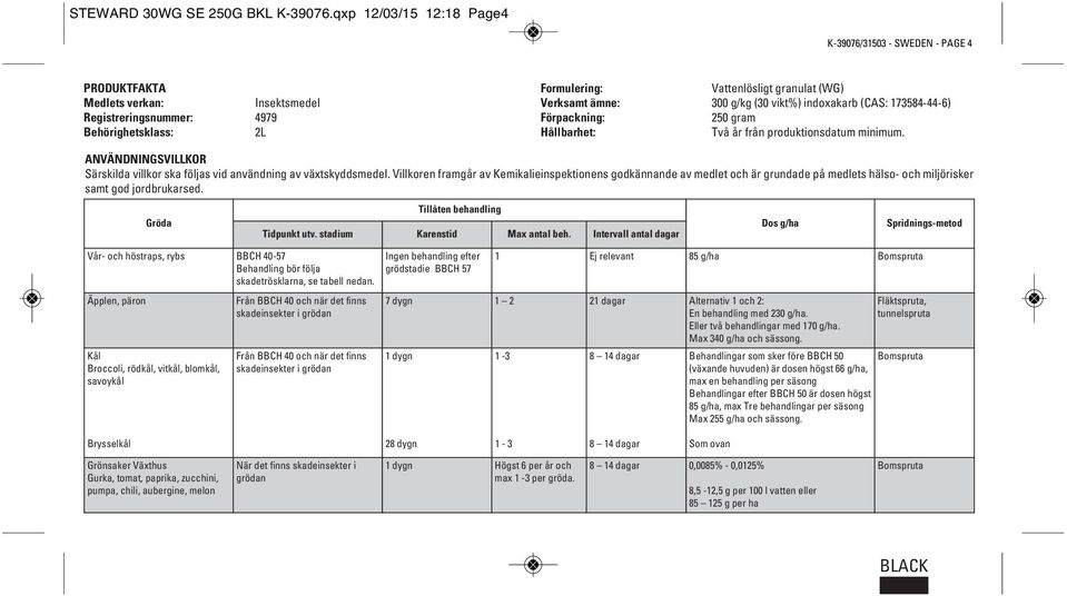 ämne: 300 g/kg (30 vikt%) indoxakarb (CAS: 173584-44-6) Förpackning: 250 gram Hållbarhet: Två år från produktionsdatum minimum.