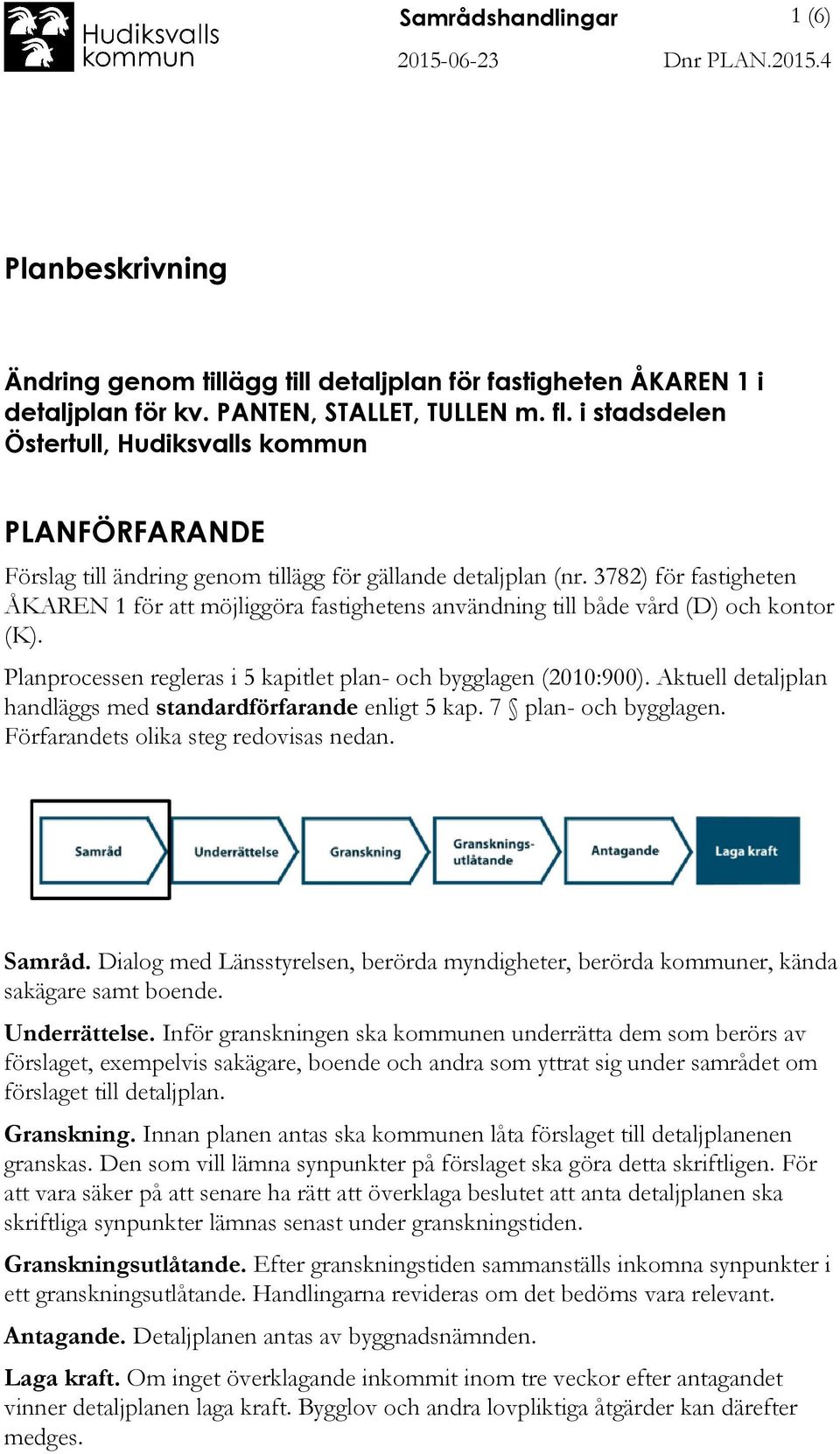 3782) för fastigheten ÅKAREN 1 för att möjliggöra fastighetens användning till både vård (D) och kontor (K). Planprocessen regleras i 5 kapitlet plan- och bygglagen (2010:900).