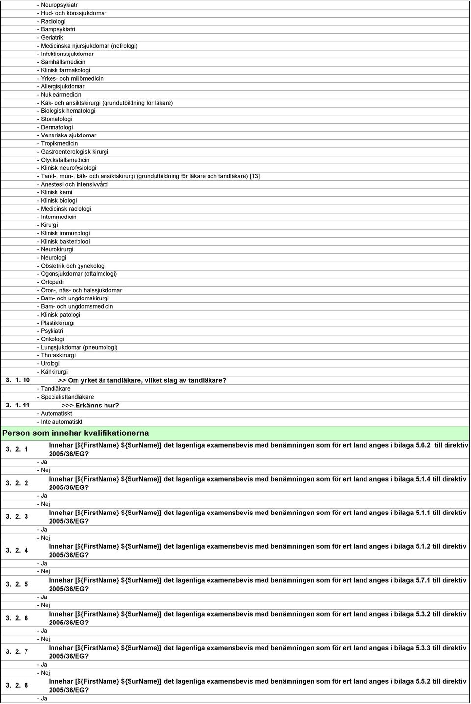 Gastroenterologisk kirurgi - Olycksfallsmedicin - Klinisk neurofysiologi - Tand-, mun-, käk- och ansiktskirurgi (grundutbildning för läkare och tandläkare) [13] - Anestesi och intensivvård - Klinisk