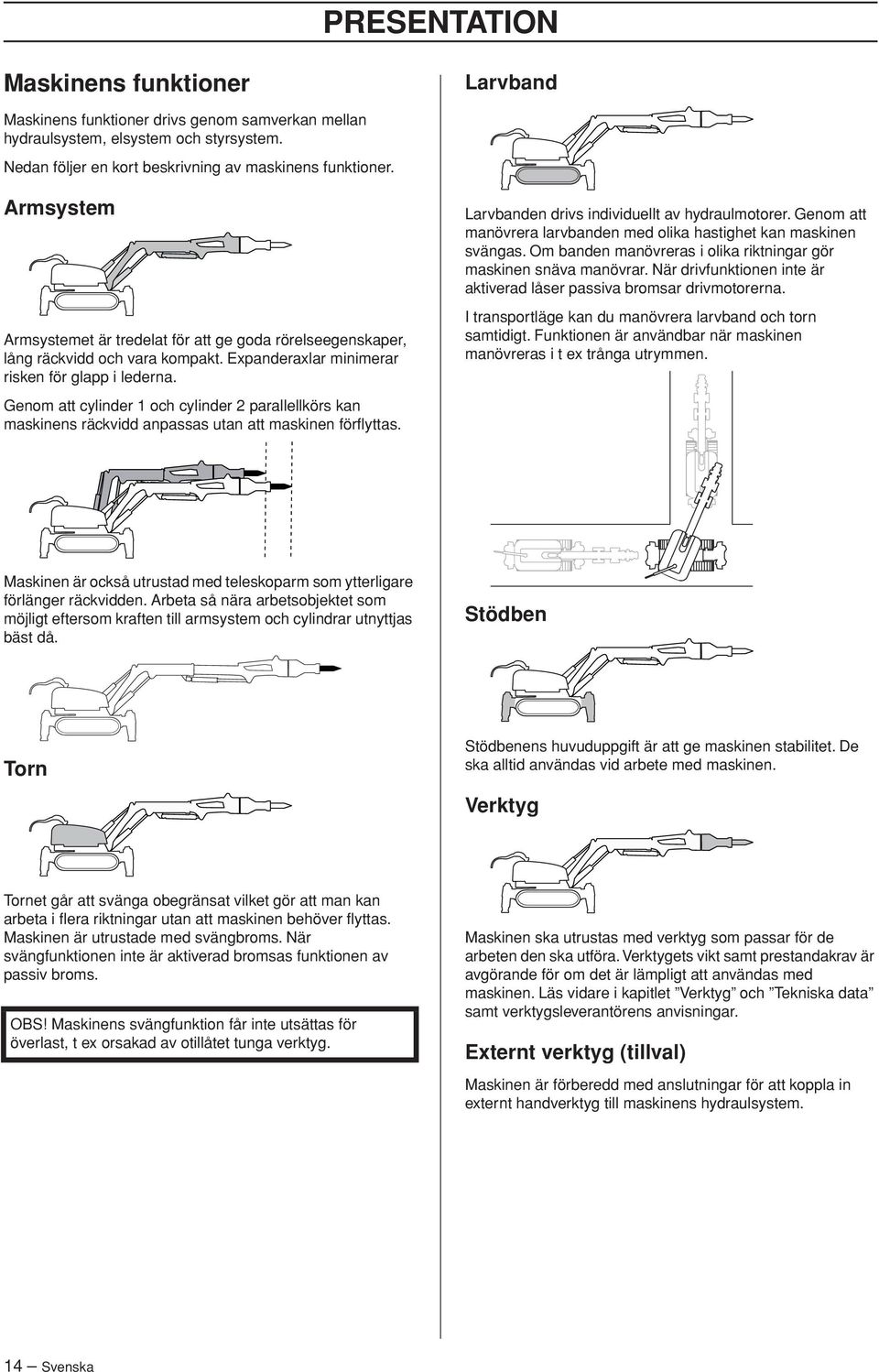 Genom att cylinder 1 och cylinder 2 parallellkörs kan maskinens räckvidd anpassas utan att maskinen förflyttas. Larvbanden drivs individuellt av hydraulmotorer.