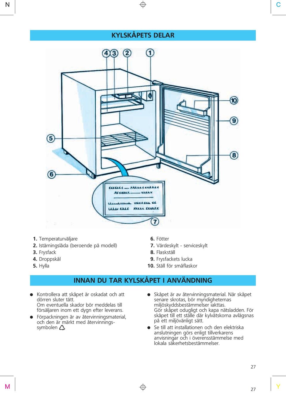 Förpackningen är av återvinningsmaterial, och den är märkt med återvinningssymbolen d. Skåpetäravåtervinningsmaterial.Närskåpet senare skrotas, bör myndigheternas miljöskyddsbestämmelser iakttas.