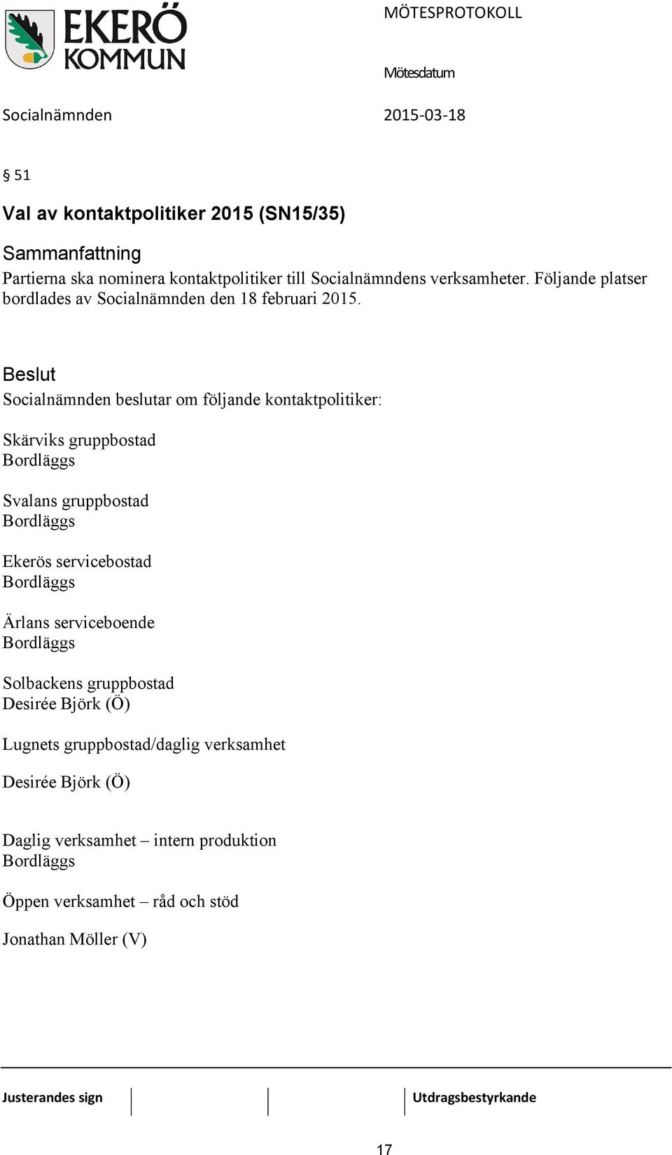 Socialnämnden beslutar om följande kontaktpolitiker: Skärviks gruppbostad Bordläggs Svalans gruppbostad Bordläggs Ekerös servicebostad