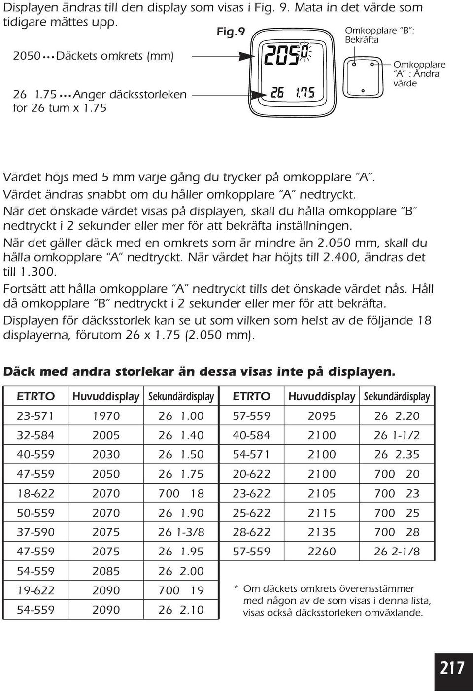 När det önskade värdet visas på displayen, skall du hålla omkopplare B nedtryckt i 2 sekunder eller mer för att bekräfta inställningen. När det gäller däck med en omkrets som är mindre än 2.