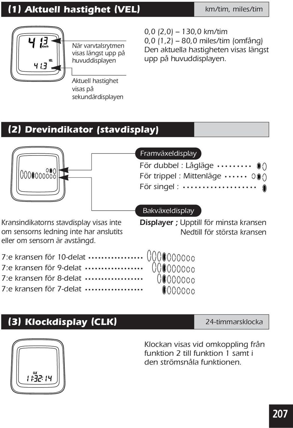 Aktuell hastighet visas på sekundärdisplayen (2) Drevindikator (stavdisplay) Framväxeldisplay För dubbel : Lågläge För trippel : Mittenläge För singel : Kransindikatorns stavdisplay visas inte om