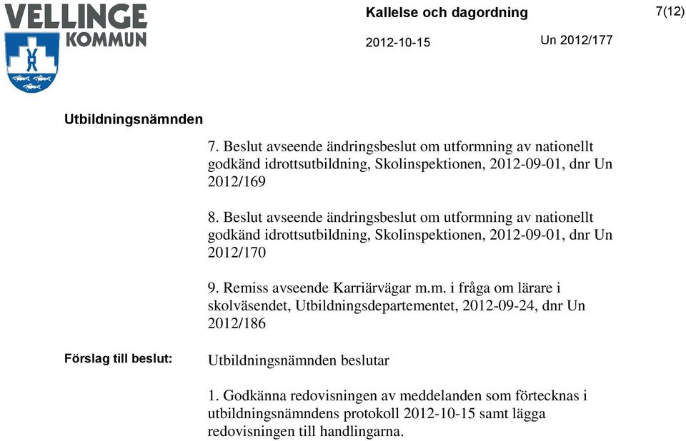 Beslut avseende ändringsbeslut om utformning av nationellt godkänd idrottsutbildning, Skolinspektionen, 2012-09-01, dnr Un 2012/170 9.