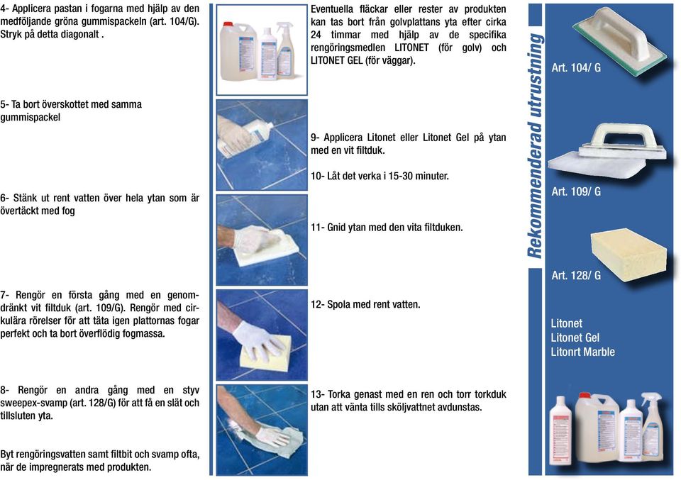 cirka 24 timmar med hjälp av de specifika rengöringsmedlen LITONET (för golv) och LITONET GEL (för väggar). 9- Applicera Litonet eller Litonet Gel på ytan med en vit filtduk.