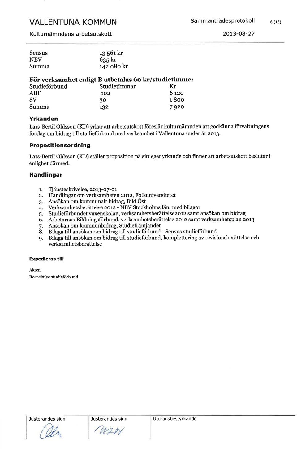 studieförbund med verksamhet i Vallentuna under år zor3. Propositionsordning Lars-Bertil Ohlsson (KD) ställer proposition på sitt eget yrkande och finner att arbetsutskott beslutar i enlighet därmed.