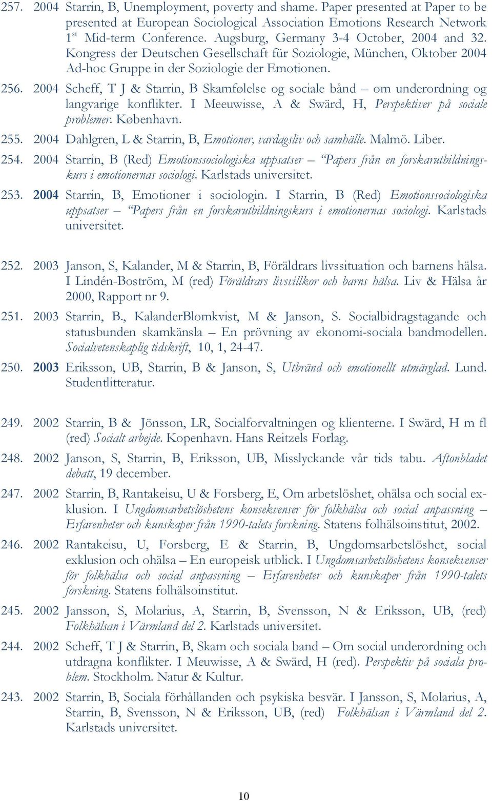 2004 Scheff, T J & Starrin, B Skamfølelse og sociale bånd om underordning og langvarige konflikter. I Meeuwisse, A & Swärd, H, Perspektiver på sociale problemer. København. 255.