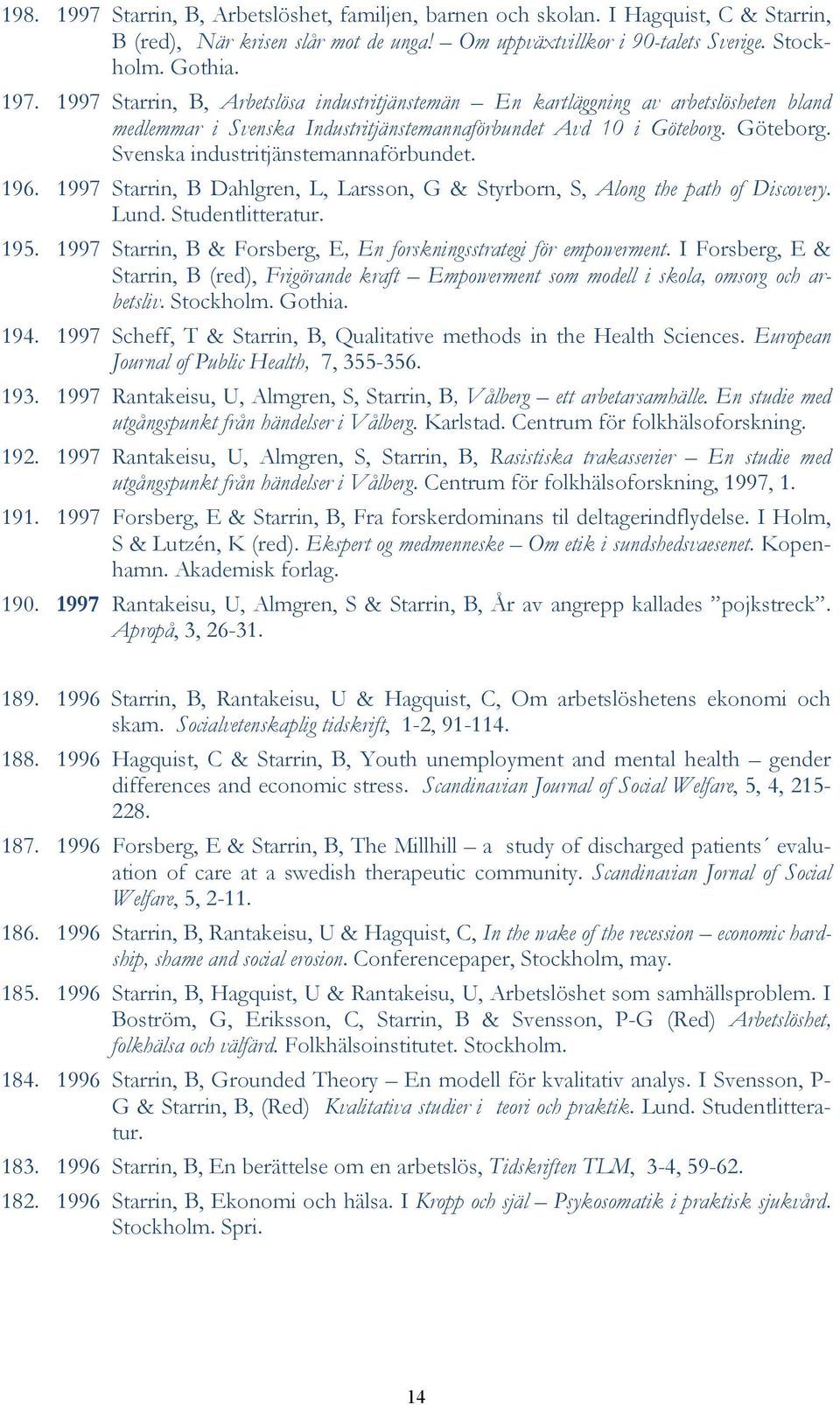 196. 1997 Starrin, B Dahlgren, L, Larsson, G & Styrborn, S, Along the path of Discovery. Lund. Studentlitteratur. 195. 1997 Starrin, B & Forsberg, E, En forskningsstrategi för empowerment.