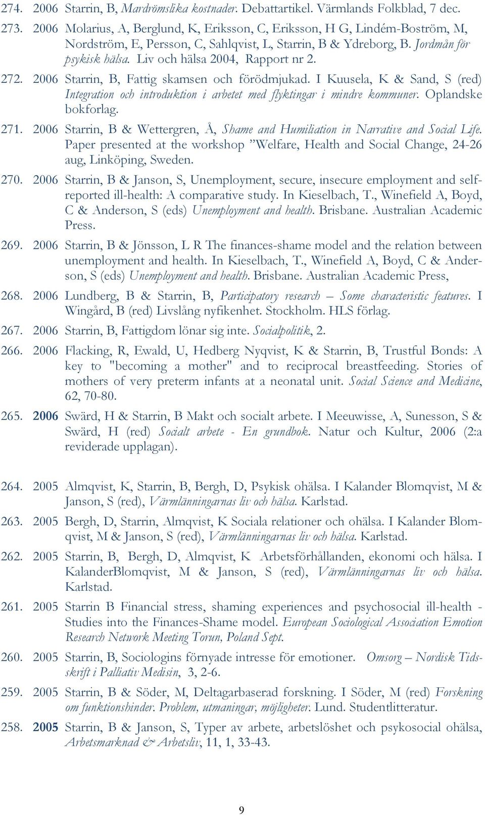 Liv och hälsa 2004, Rapport nr 2. 272. 2006 Starrin, B, Fattig skamsen och förödmjukad. I Kuusela, K & Sand, S (red) Integration och introduktion i arbetet med flyktingar i mindre kommuner.