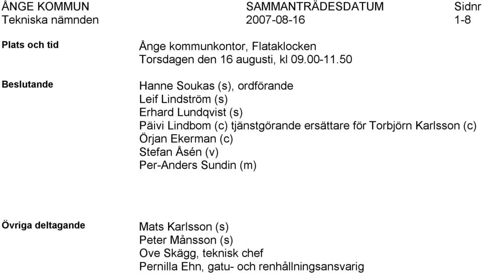 50 Sidnr 1-8 Beslutande Hanne Soukas (s), ordförande Leif Lindström (s) Erhard Lundqvist (s) Päivi Lindbom (c)
