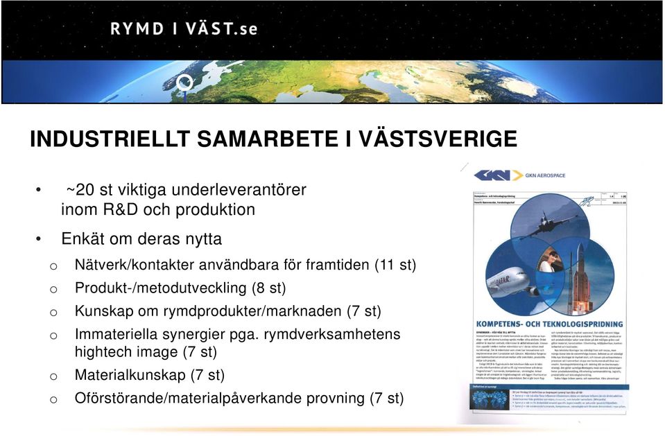 Produkt-/metodutveckling (8 st) Kunskap om rymdprodukter/marknaden (7 st) Immateriella synergier