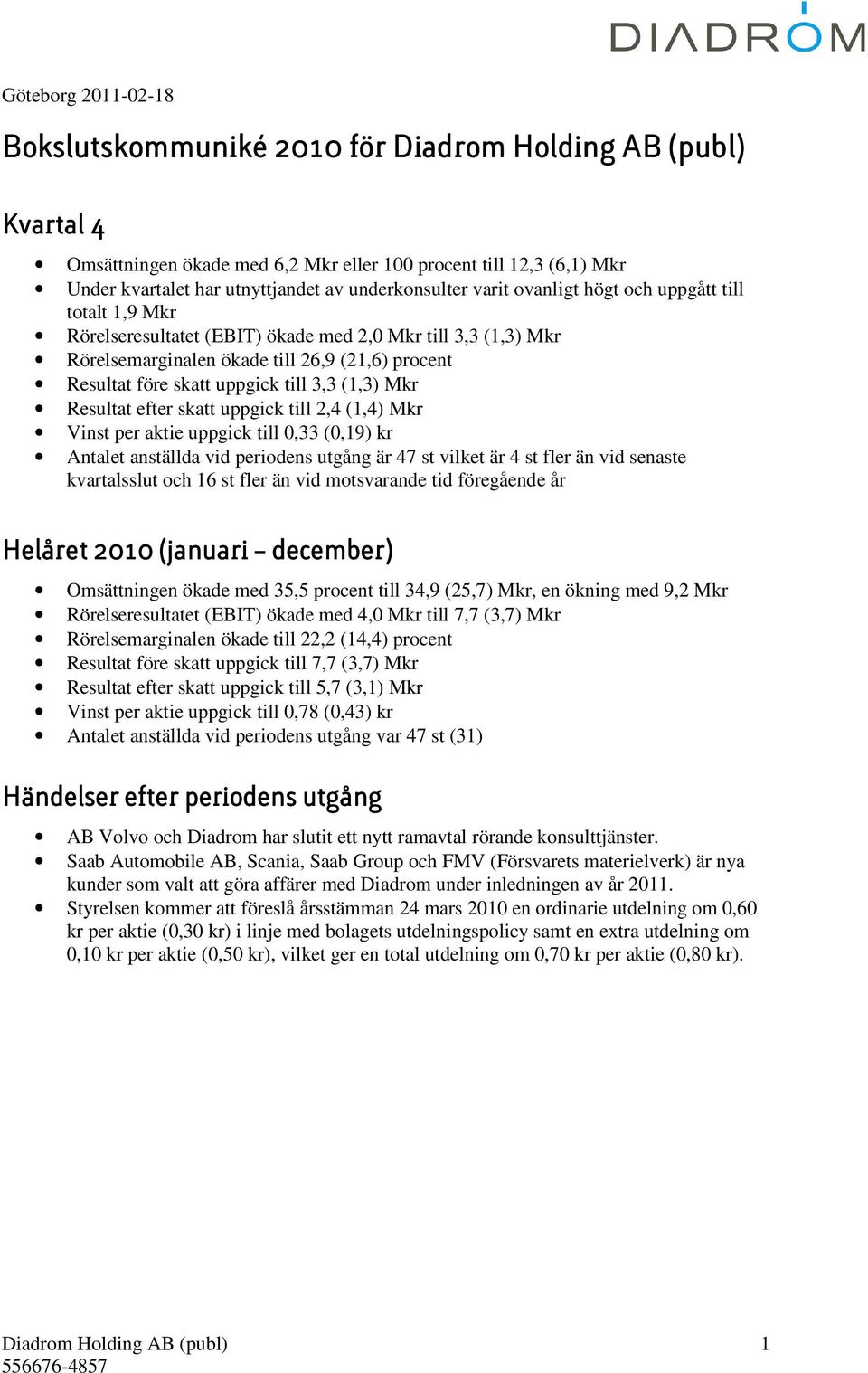 efter skatt uppgick till 2,4 (1,4) Mkr Vinst per aktie uppgick till 0,33 (0,19) kr Antalet anställda vid periodens utgång är 47 st vilket är 4 st fler än vid senaste kvartalsslut och 16 st fler än