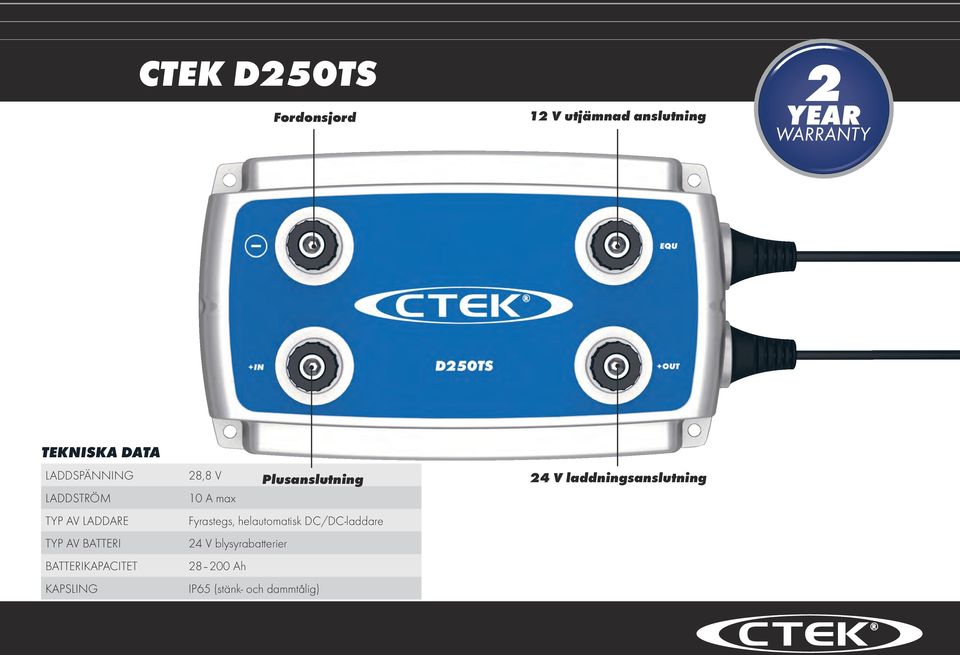 KAPSLING 28,8 V Plusanslutning 10 A max Fyrastegs, helautomatisk