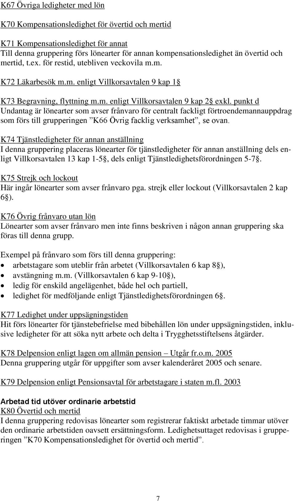 punkt d Undantag är lönearter som avser frånvaro för centralt fackligt förtroendemannauppdrag som förs till grupperingen K66 Övrig facklig verksamhet, se ovan.