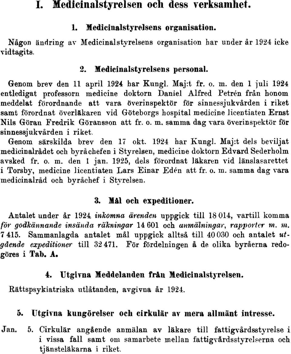 den 1 juli 1924 entledigat professorn medicine doktorn Daniel Alfred Petrén från honom meddelat förordnande att vara överinspektör för sinnessjukvården i riket samt förordnat överläkaren vid