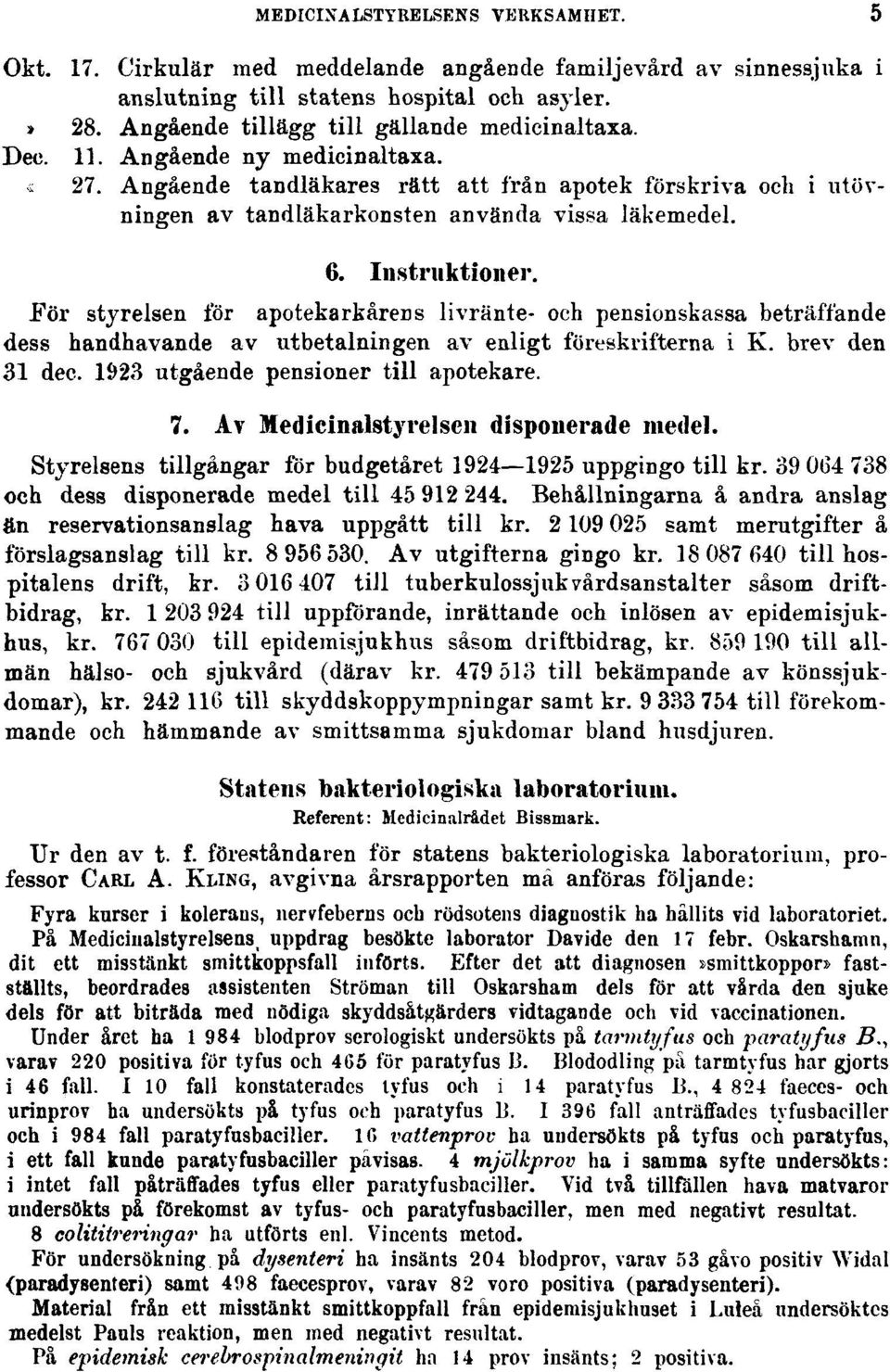 För styrelsen för apotekarkårens livrante- och pensionskassa beträffande dess handhavande av utbetalningen av enligt föreskrifterna i K. brev den 31 dec. 1923 utgående pensioner till apotekare. 7.
