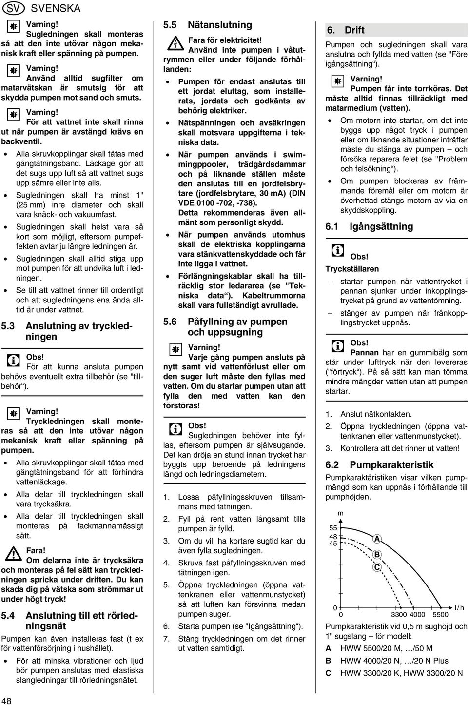 Alla skruvkopplingar skall tätas med gängtätningsband. Läckage gör att det sugs upp luft så att vattnet sugs upp sämre eller inte alls.