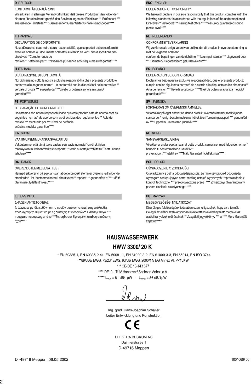 ausstellende Prüfstelle **** Gemessener/ Garantierter Schalleistungspegel***** F FRANÇAIS DECLARATION DE CONFORMITE Nous déclarons, sous notre seule responsabilité, que ce produit est en conformité