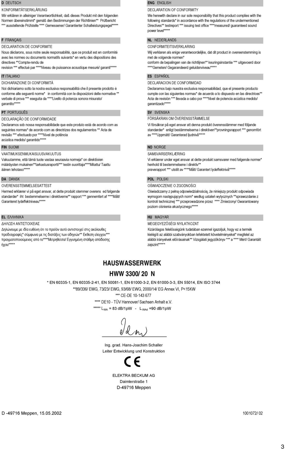 avec les normes ou documents normatifs suivants* en vertu des dispositions des directives **Compte-rendu de revision *** effectué par ****Niveau de puissance acoustique mesuré/ garanti***** IT
