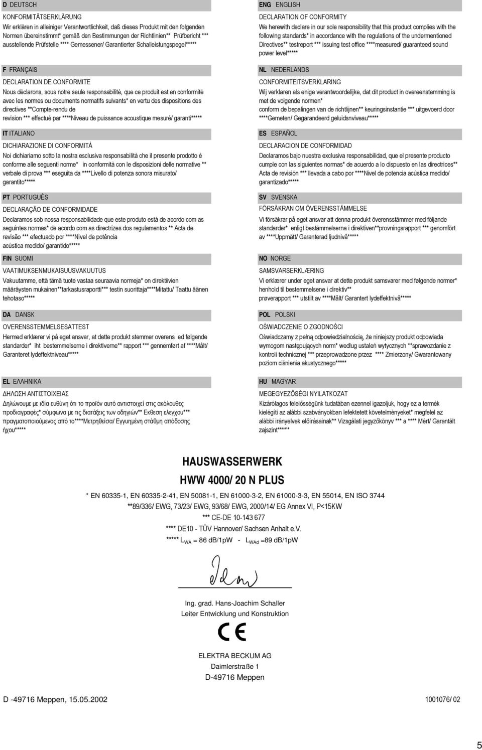 avec les normes ou documents normatifs suivants* en vertu des dispositions des directives **Compte-rendu de revision *** effectué par ****Niveau de puissance acoustique mesuré/ garanti***** IT