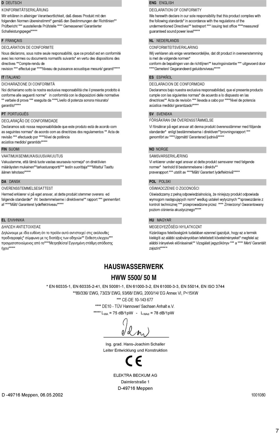 avec les normes ou documents normatifs suivants* en vertu des dispositions des directives **Compte-rendu de revision *** effectué par ****Niveau de puissance acoustique mesuré/ garanti***** IT