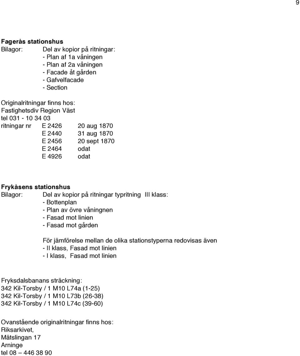Bottenplan - Plan av övre våningnen - Fasad mot linien - Fasad mot gården För jämförelse mellan de olika stationstyperna redovisas även - II klass, Fasad mot linien - I klass, Fasad mot linien