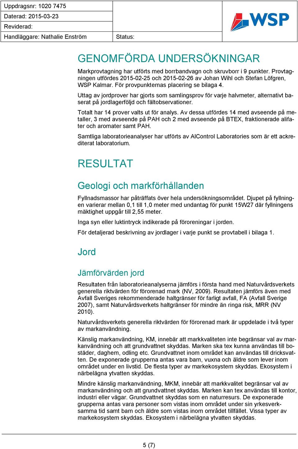 Totalt har 14 prover valts ut för analys. Av dessa utfördes 14 med avseende på metaller, 3 med avseende på PAH och 2 med avseende på BTEX, fraktionerade alifater och aromater samt PAH.