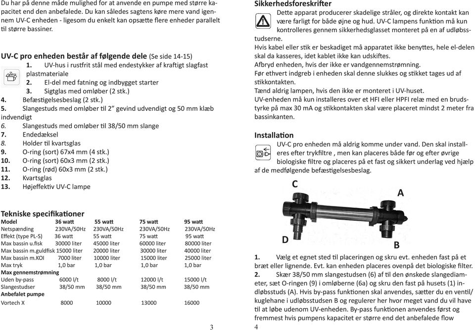 UV-hus i rustfrit stål med endestykker af kraftigt slagfast plastmateriale 2. El-del med fatning og indbygget starter 3. Sigtglas med omløber (2 stk.) 4. Befæstigelsesbeslag (2 stk.) 5.