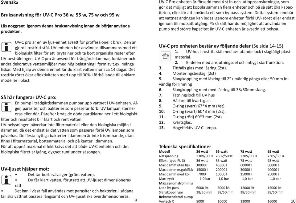 UV-C pro är avsedd för trädgårdsdammar, fontäner och andra dekorativa vattenmiljöer med hög belastning i form av t.ex. många fiskar. Med hjälp av denna enhet får du klart vatten inom ca 14 dagar.