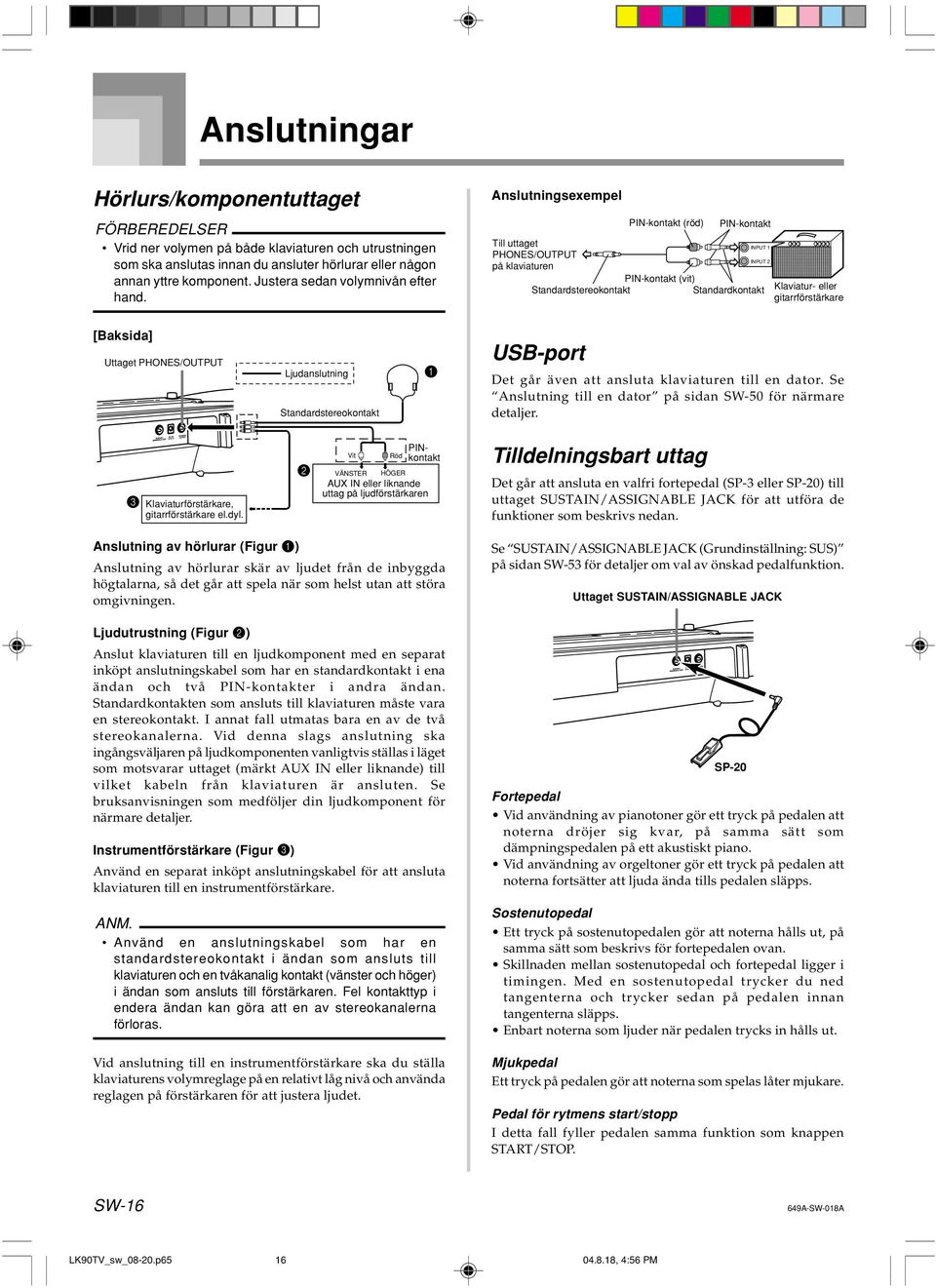 Anslutningsexempel PIN-kontakt (röd) PIN-kontakt Till uttaget PHONES/OUTPUT på klaviaturen PIN-kontakt (vit) Standardstereokontakt Standardkontakt INPUT 1 INPUT 2 Klaviatur- eller gitarrförstärkare