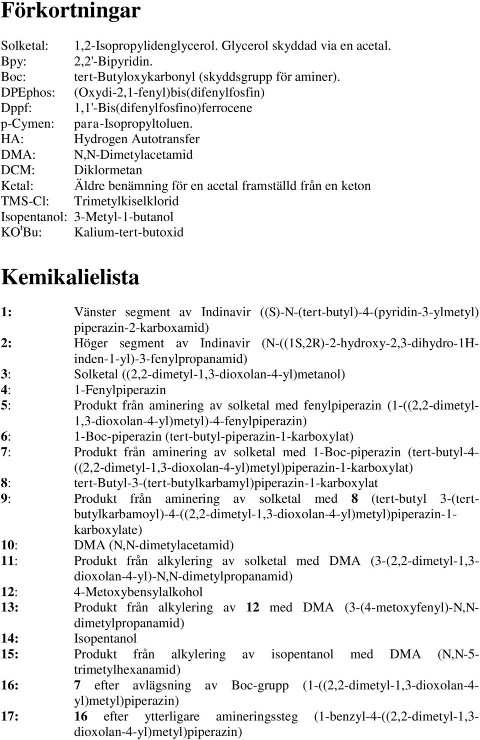 HA: Hydrogen Autotransfer DMA: N,N-Dimetylacetamid DCM: Diklormetan Ketal: Äldre benämning för en acetal framställd från en keton TMS-Cl: Trimetylkiselklorid Isopentanol: 3-Metyl-1-butanol KO t Bu: