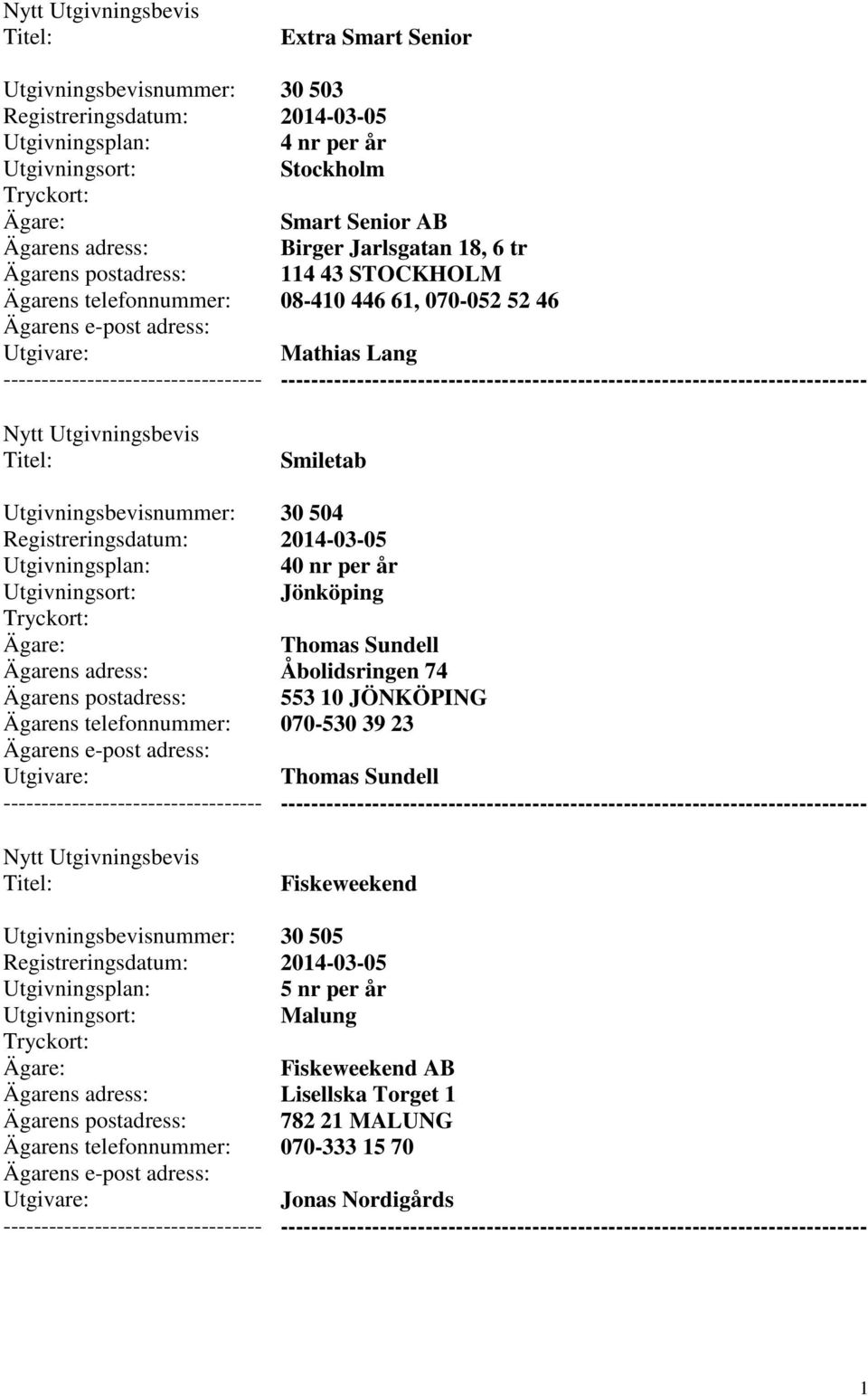 Sundell Åbolidsringen 74 553 10 JÖNKÖPING 070-530 39 23 Thomas Sundell --------- Fiskeweekend 30 505