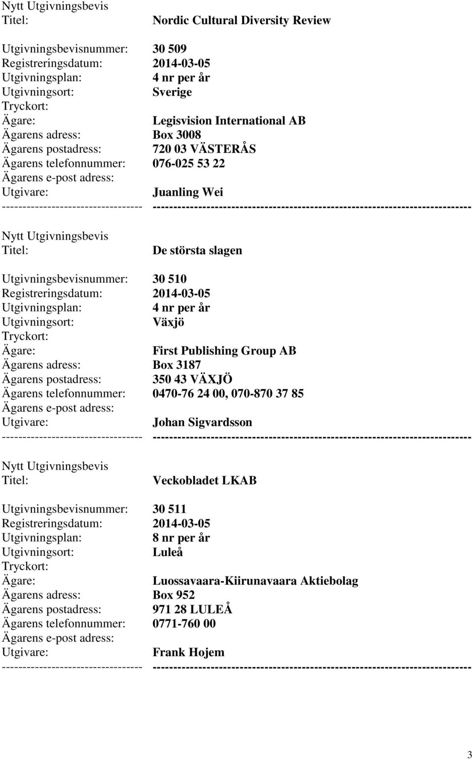 350 43 VÄXJÖ 0470-76 24 00, 070-870 37 85 Johan Sigvardsson --------- Veckobladet LKAB 30 511 8 nr per