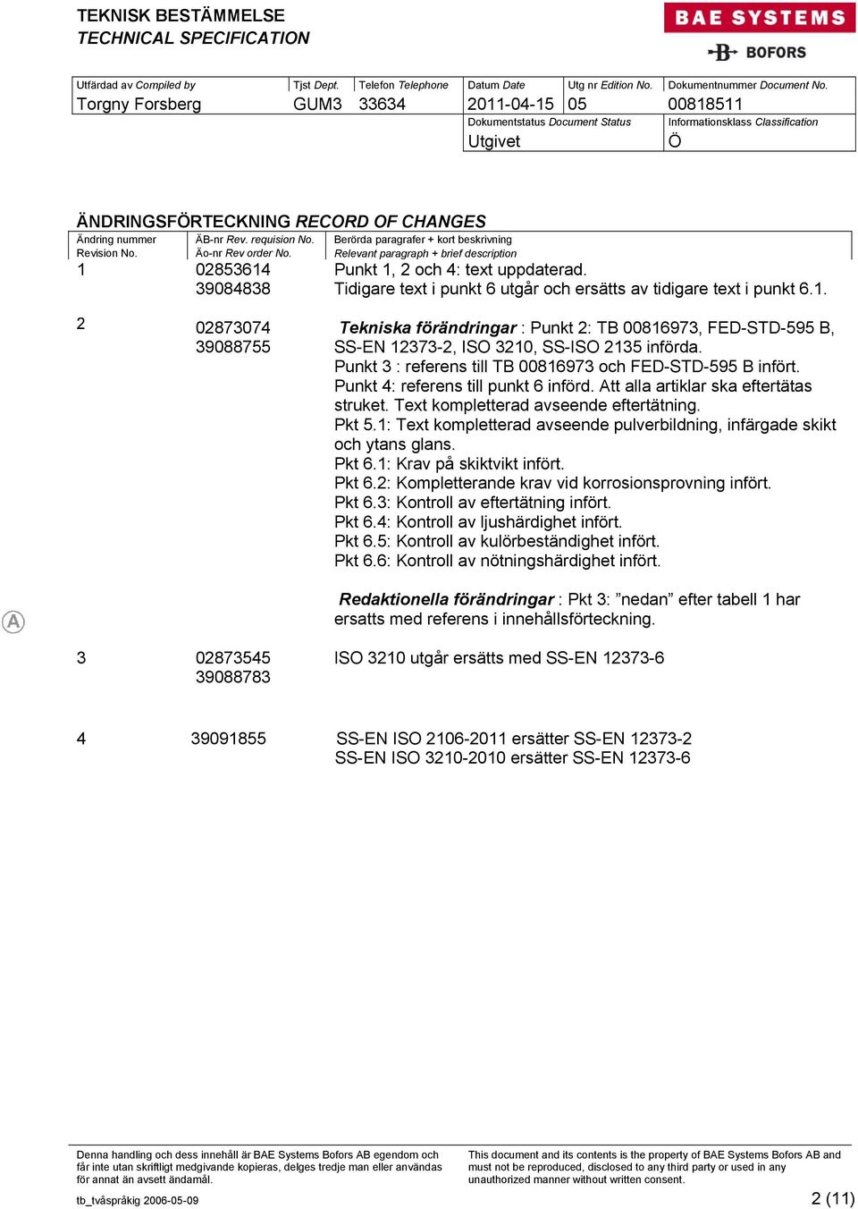 Tidigare text i punkt 6 utgår och ersätts av tidigare text i punkt 6.1. 2 02873074 39088755 Tekniska förändringar : Punkt 2: TB 00816973, FED-STD-595 B, SS-EN 12373-2, ISO 3210, SS-ISO 2135 införda.