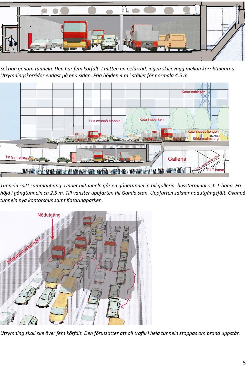 Under biltunneln går en gångtunnel in till galleria, bussterminal och T bana. Fri höjd i gångtunneln ca 2.5 m.