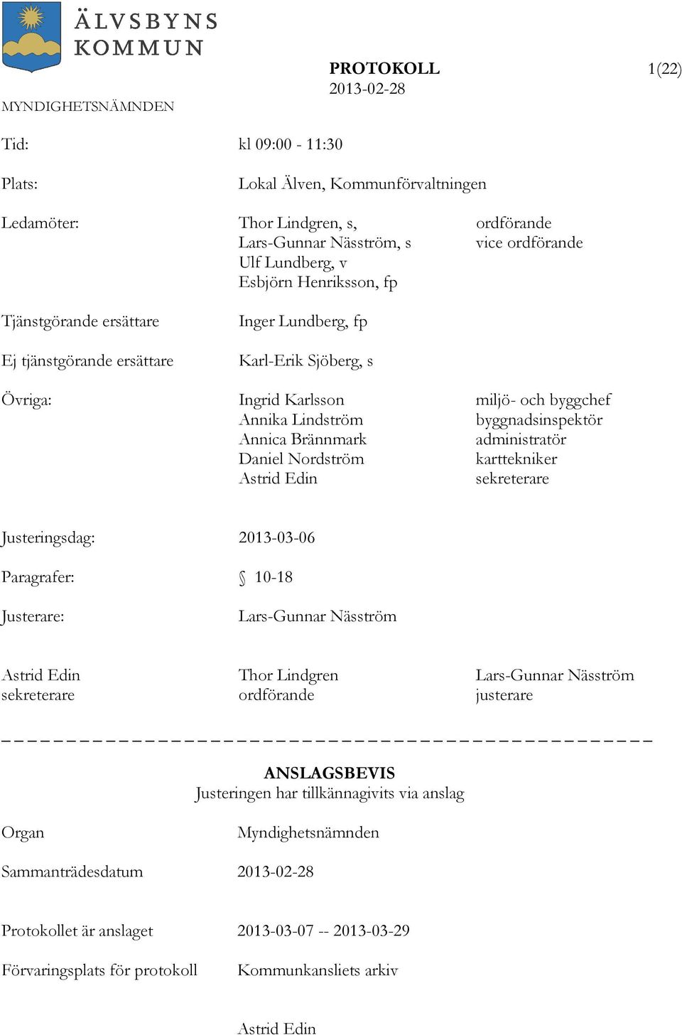 administratör Daniel Nordström karttekniker Astrid Edin sekreterare Justeringsdag: 2013-03-06 Paragrafer: 10-18 Justerare: Lars-Gunnar Näsström Astrid Edin Thor Lindgren Lars-Gunnar Näsström