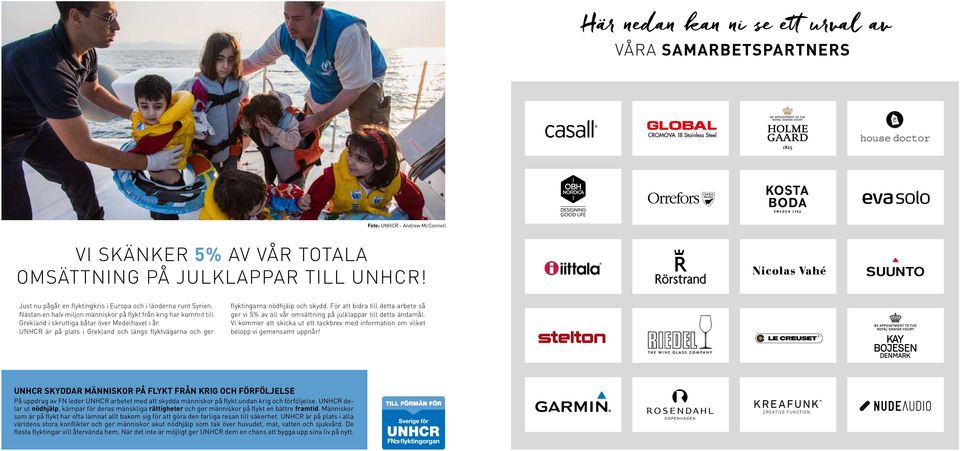 UNHCR är på plats i Grekland och längs flyktvägarna och ger flyktingarna nödhjälp och skydd. För att bidra till detta arbete så ger vi 5% av all vår omsättning på julklappar till detta ändamål.